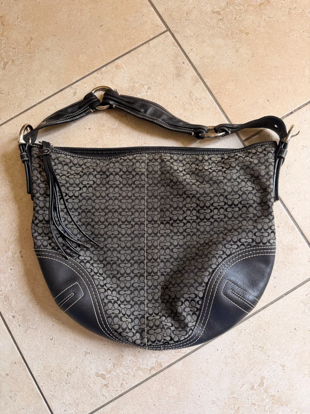 Vintage Coach 2158 Signature C Jacquard + Leather Black Hobo Y2K 2000s Boho